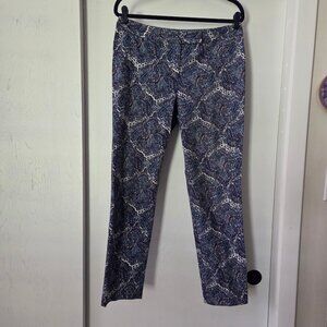 Talbots 8 Blue Paisley Modern Pants Flat Front Back Pockets Purple White Trouser